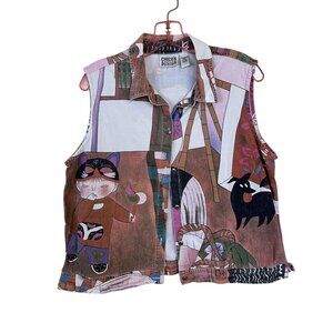 Chicos Design Sleeveless Button Up Vest With Abstract Art Print